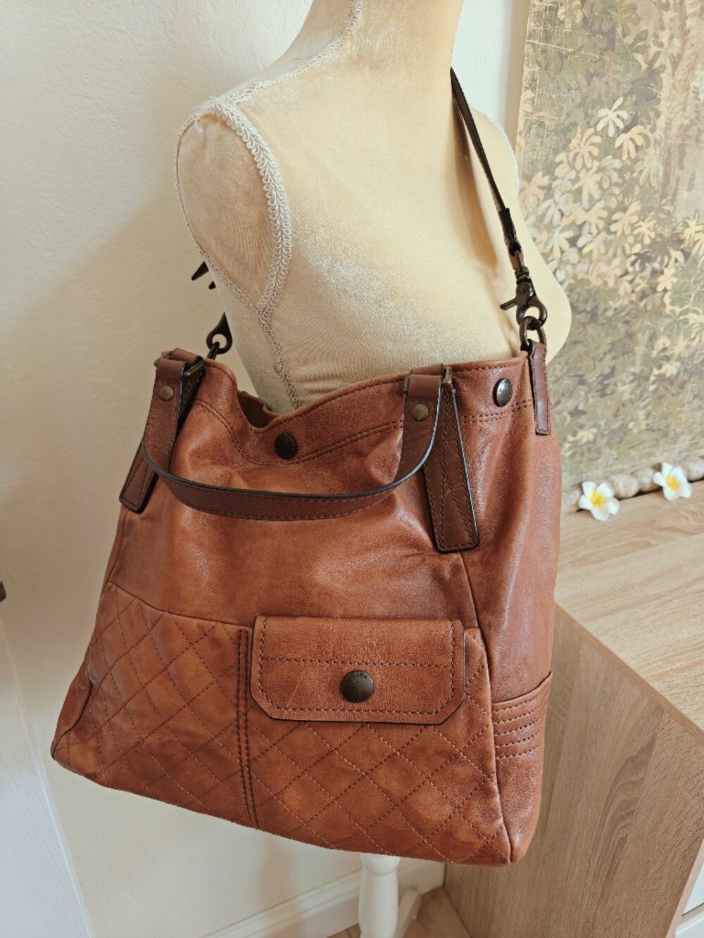 Frye Samantha Quilted Cognac Leather Tote Satchel Shoulder Bag - Picture 5 of 16